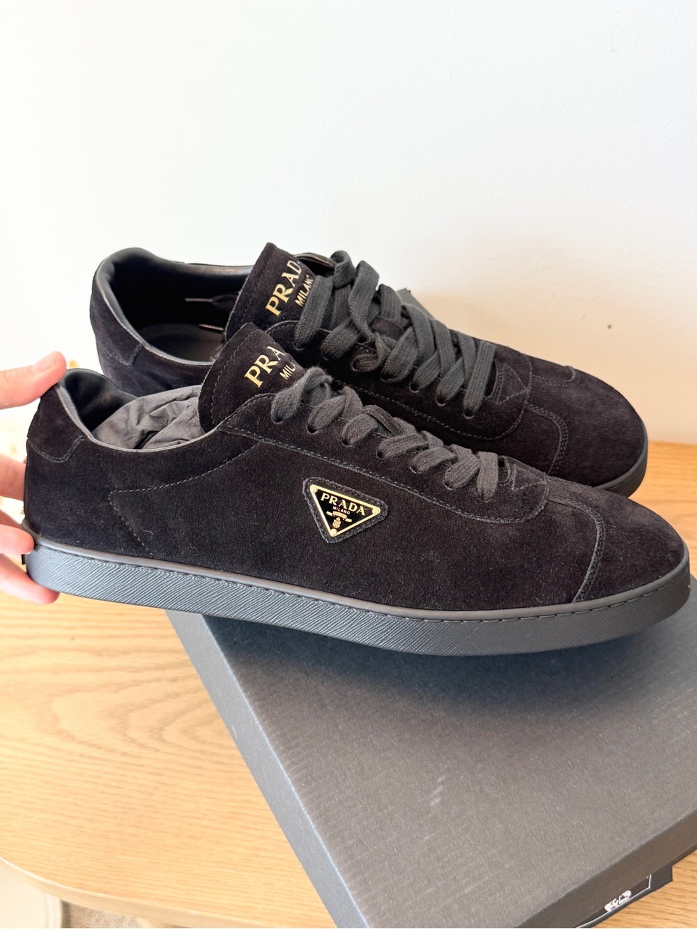 PRADA Men’s Prada Triangle-Logo Lace-Up Sneakers in Black / EU10.5